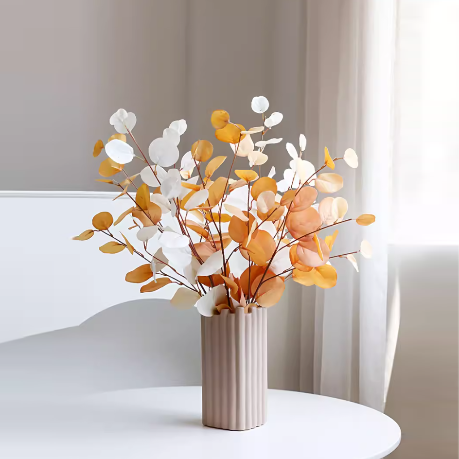 Topleo Khaki-colored vase with a toothed pattern and apple leaves Fake flowers