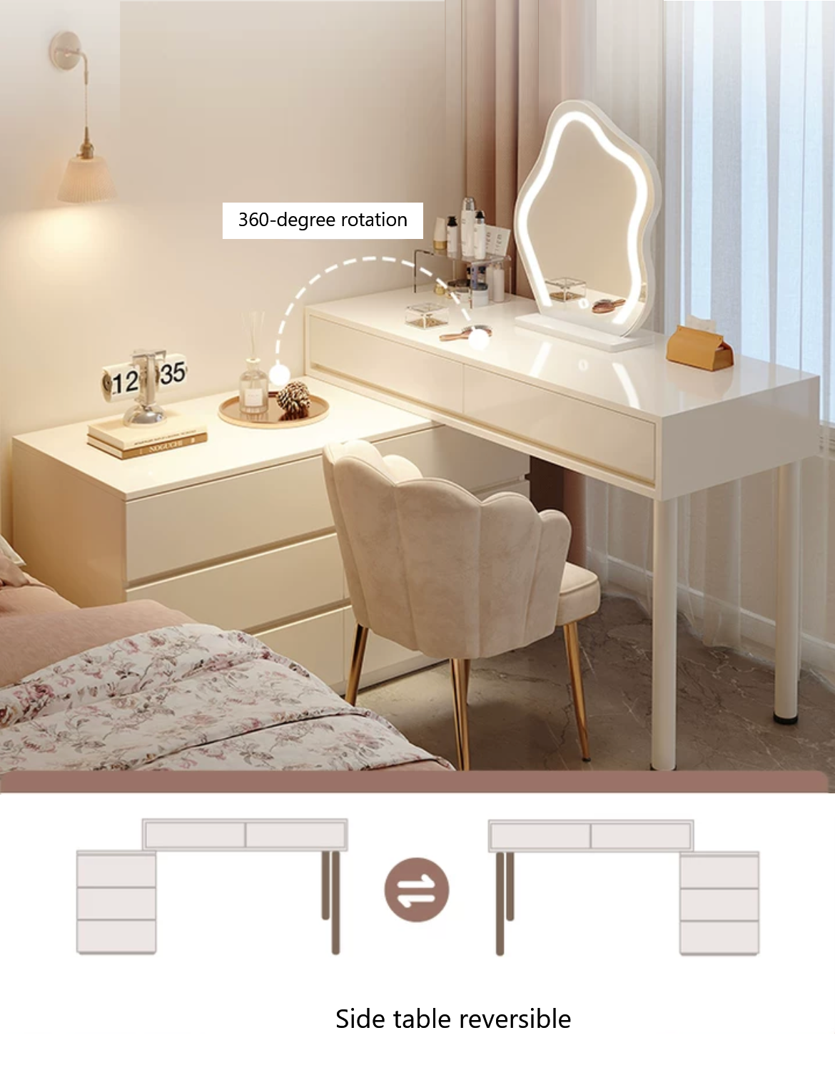 PHANTOM Vanity Dressing Table 100CM with LED Makeup Mirror and Chair