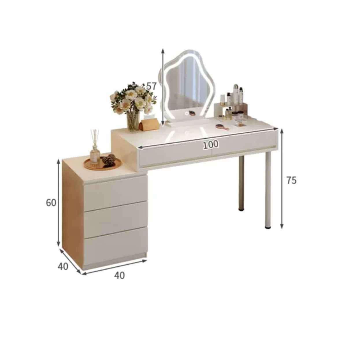 PHANTOM Vanity Dressing Table 100CM with LED Makeup Mirror and Chair