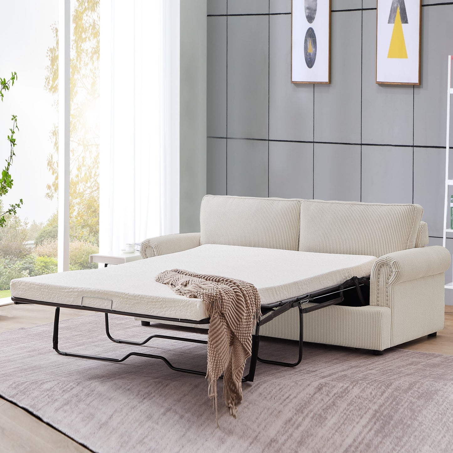 "PHEBE" 2-Seater Sofa Bed Couch with Foam Mattress -Cream