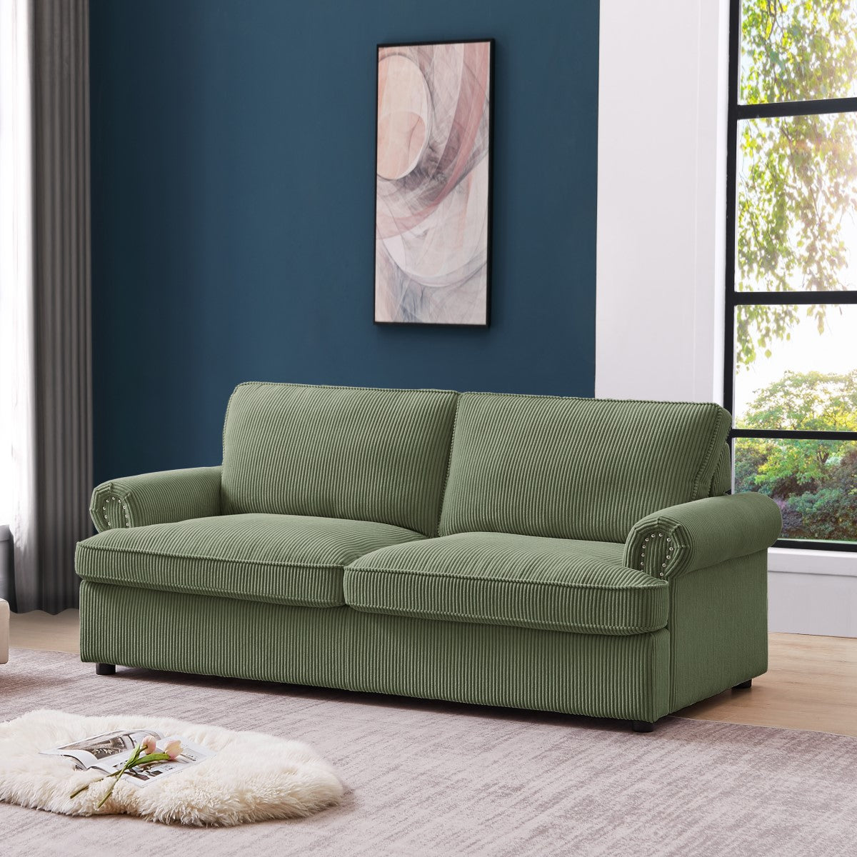 "PHEBE" 2-Seater Sofa Bed Couch with Foam Mattress -Olive Green