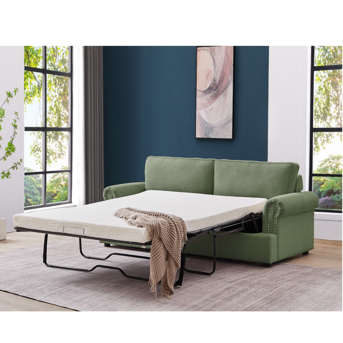 "PHEBE" 2-Seater Sofa Bed Couch with Foam Mattress -Olive Green