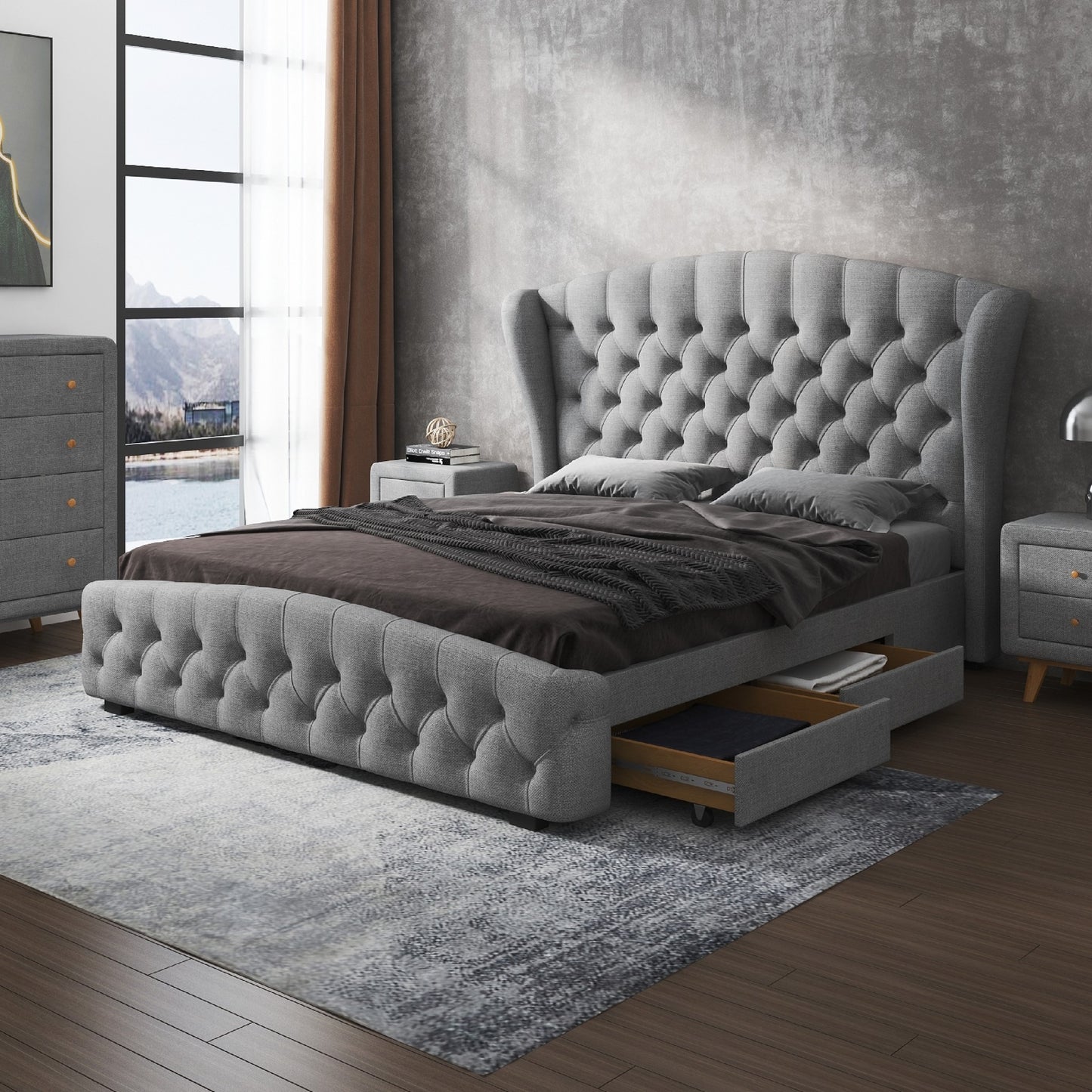 " MARIMBA" 4 Drawers Bed Frame Grey Fabric