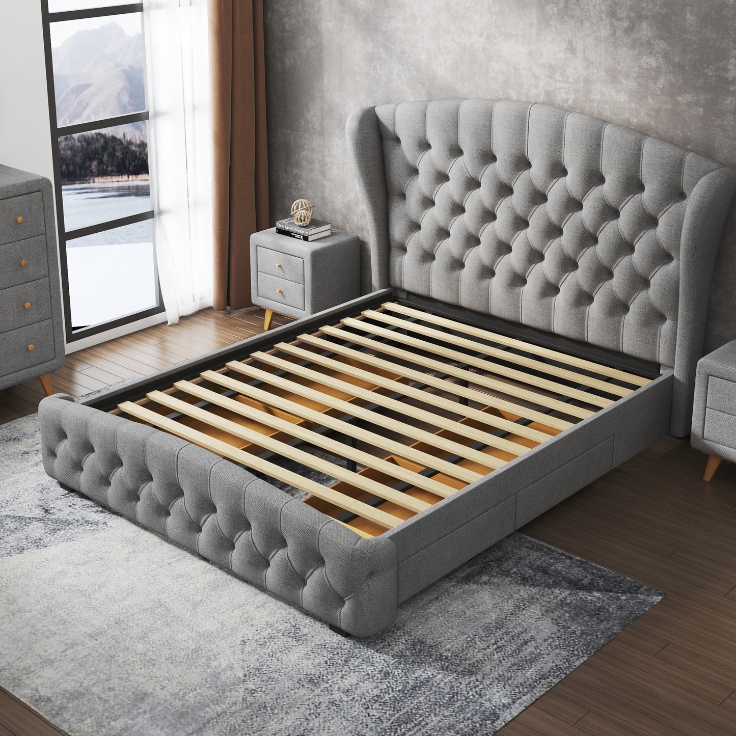 " MARIMBA" 4 Drawers Bed Frame Grey Fabric