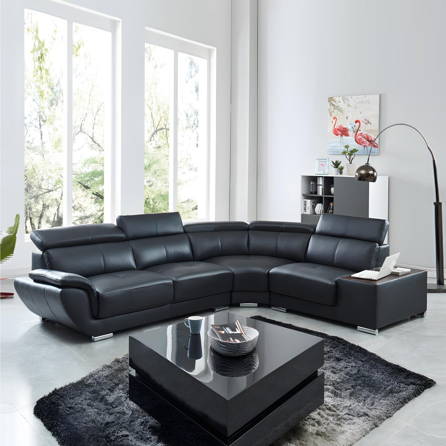 "NAHIA" 4-Seater Leather Corner Sofa - Genuine Leather Black