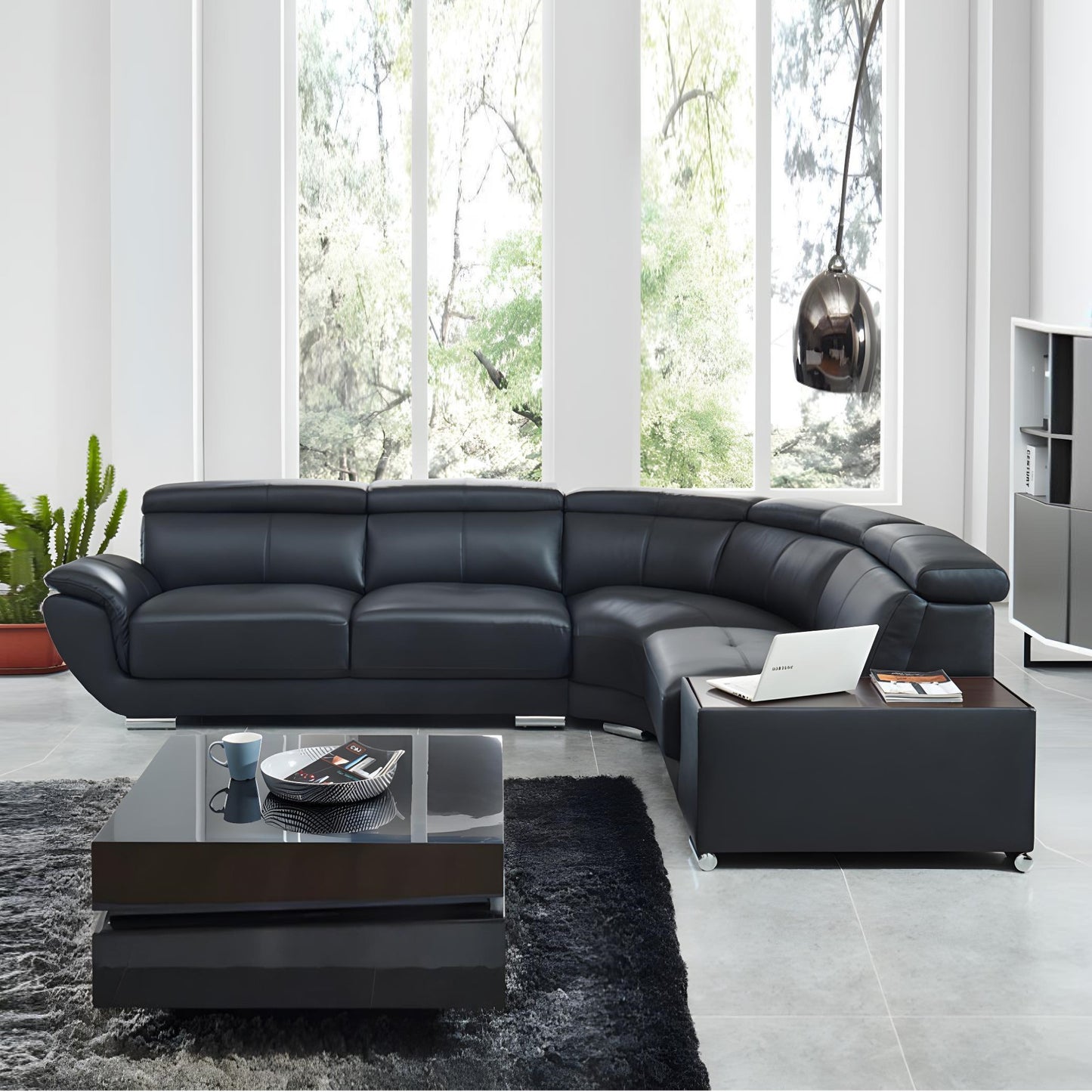 "NAHIA" 4-Seater Leather Corner Sofa - Genuine Leather Black