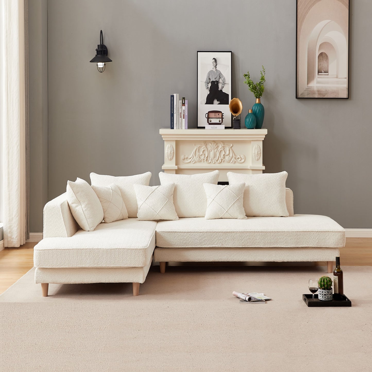 'DIOR' LHF Chaise Modular Sofa Boucle Fabric -Cream