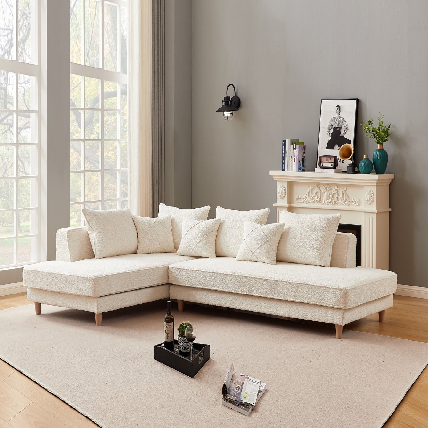 'DIOR' LHF Chaise Modular Sofa Boucle Fabric -Cream